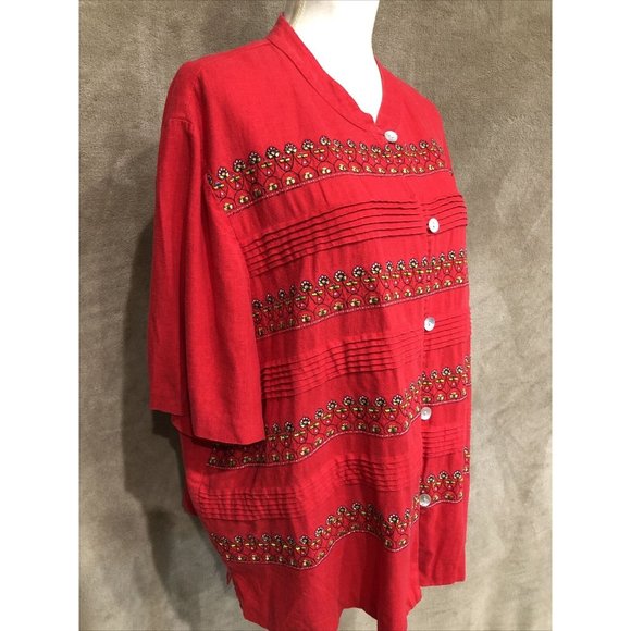 Vintage 2X Plus Red Floral Embroidered Short Sleeve Cotton Top Blouse #390 - Picture 6 of 6